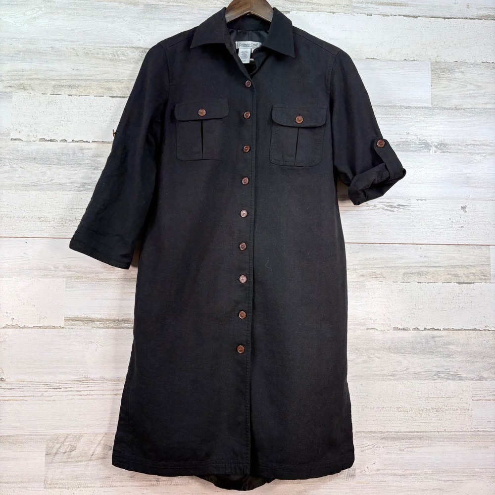 Coldwater Creek Womens Black Linen Blend Roll Tab Sleeve Button Front Dress P8